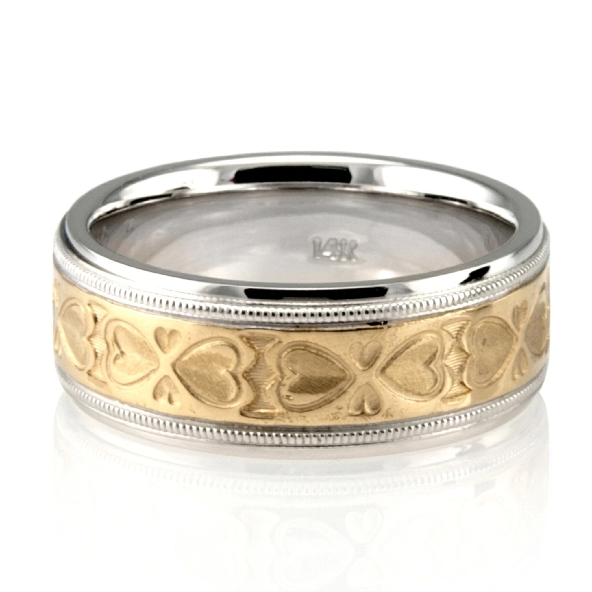 10K white-yellow-white gold 7.5mm. sand blast fancy-carved-diamond-cut-wedding-band - main view