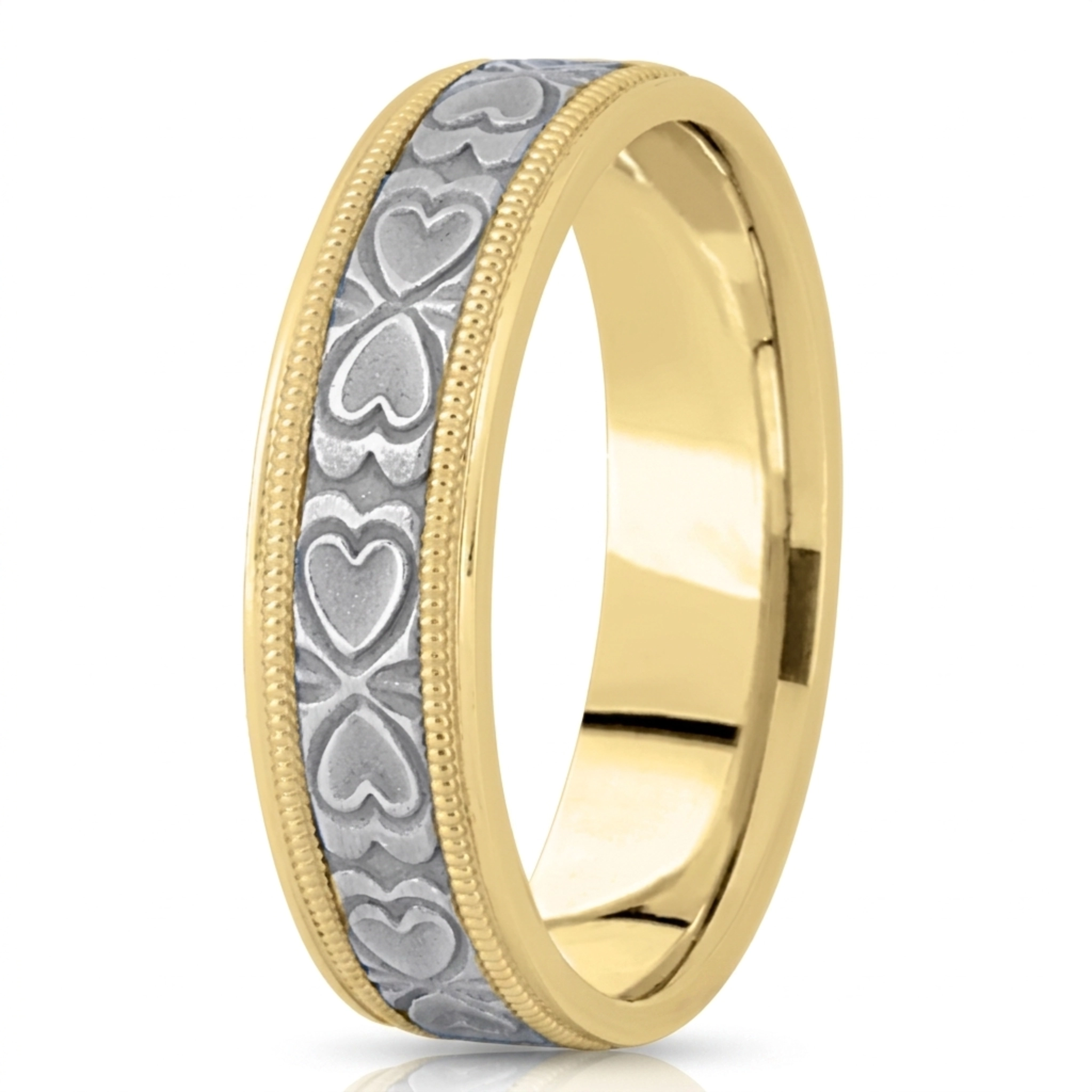 10K yellow-white-yellow gold 6.5mm sand blast fancy-carved-diamond-cut-wedding-band - alternate view 4