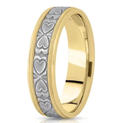 10K yellow-white-yellow gold 6.5mm sand blast fancy-carved-diamond-cut-wedding-band - alternate view 4 thumbnail