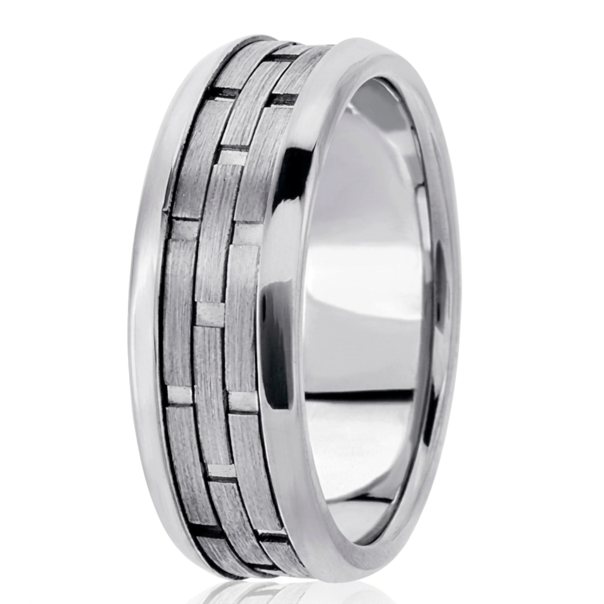 14K white gold 8mm. satin fancy-carved-contemporary-wedding-band - alternate view 3