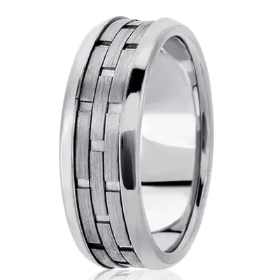 14K white gold 8mm. satin fancy-carved-contemporary-wedding-band - alternate view 3 thumbnail