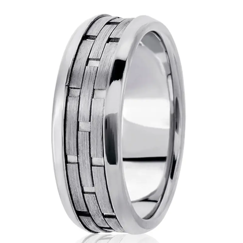 14K white gold 8mm. satin fancy-carved-contemporary-wedding-band - alternate view 3