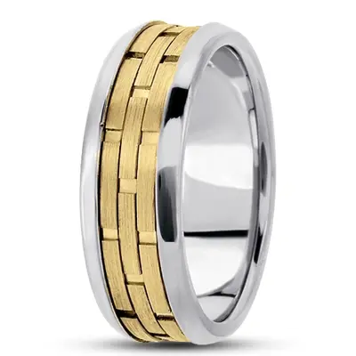 14K white-yellow-white gold 6mm. satin fancy-carved-contemporary-wedding-band - alternate view 4 thumbnail