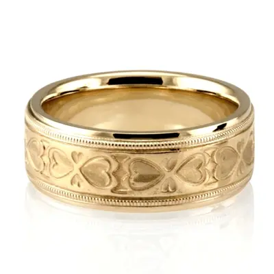 10K yellow gold 7.5mm. sand blast fancy-carved-diamond-cut-wedding-band - alternate view 3 thumbnail