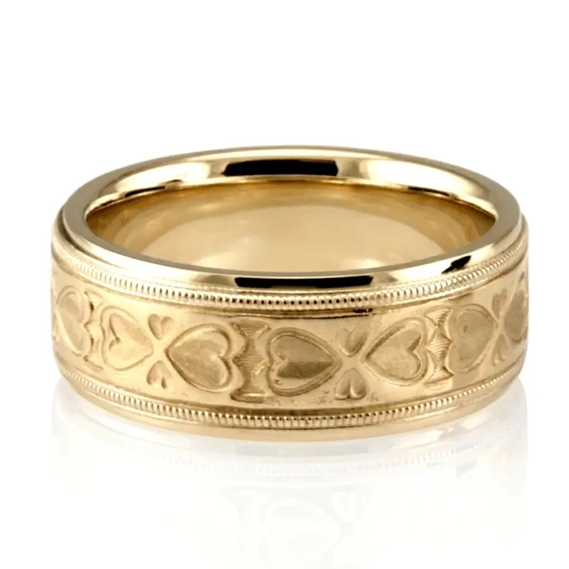 10K yellow gold 7.5mm. sand blast fancy-carved-diamond-cut-wedding-band - alternate view 3
