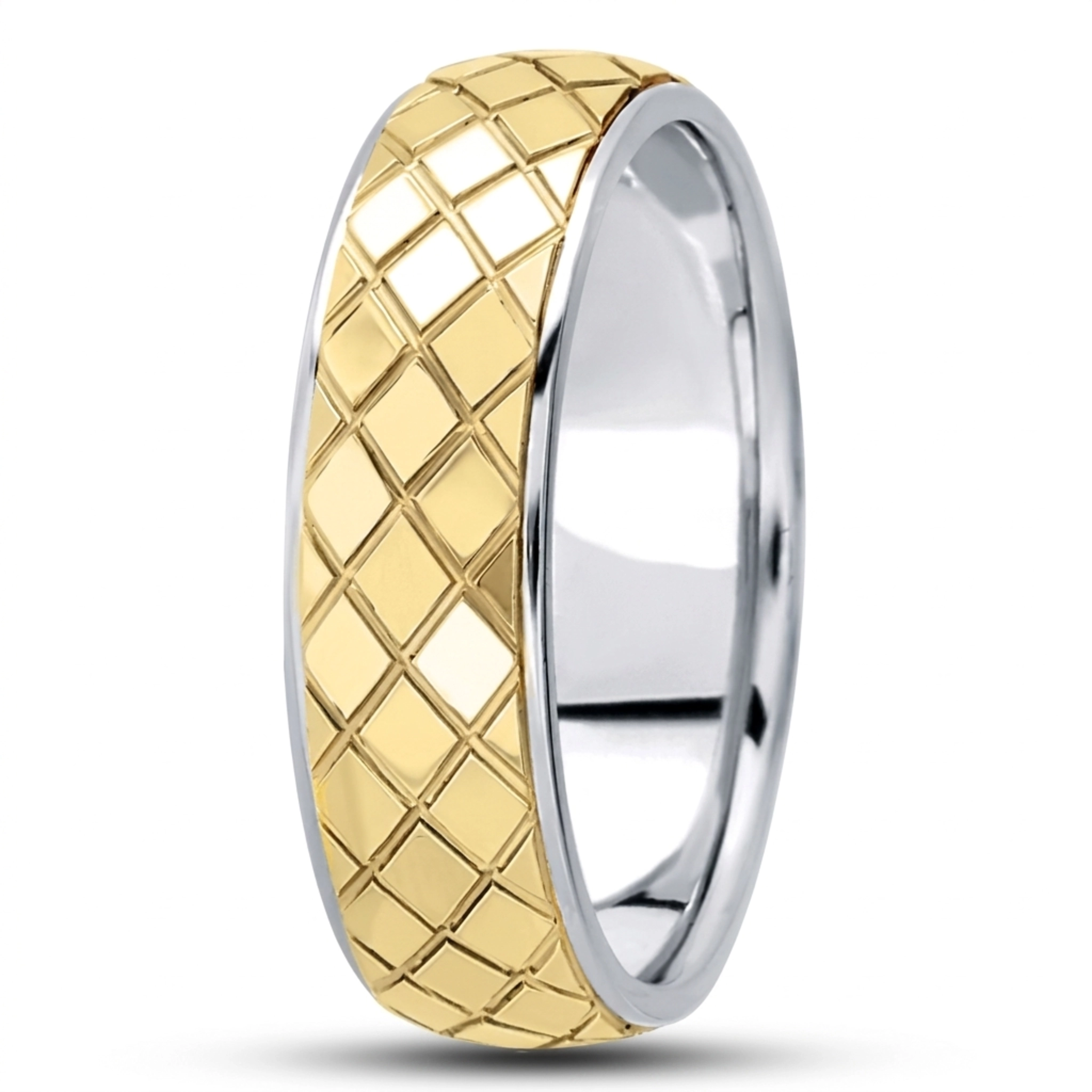 10K white-yellow-white gold 7mm. high polish fancy-carved-diamond-cut-wedding-ring - main view
