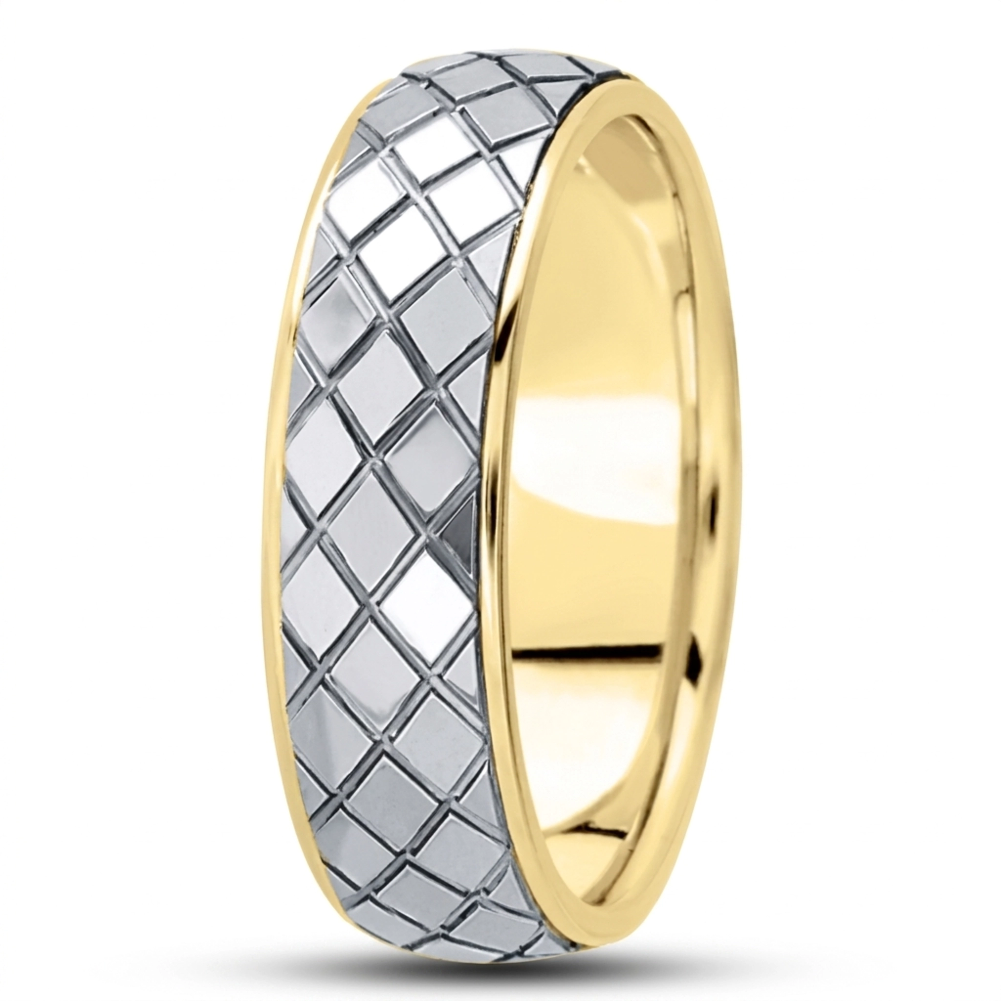 10K yellow-white-yellow gold 7mm. high polish fancy-carved-diamond-cut-wedding-ring - alternate view 4