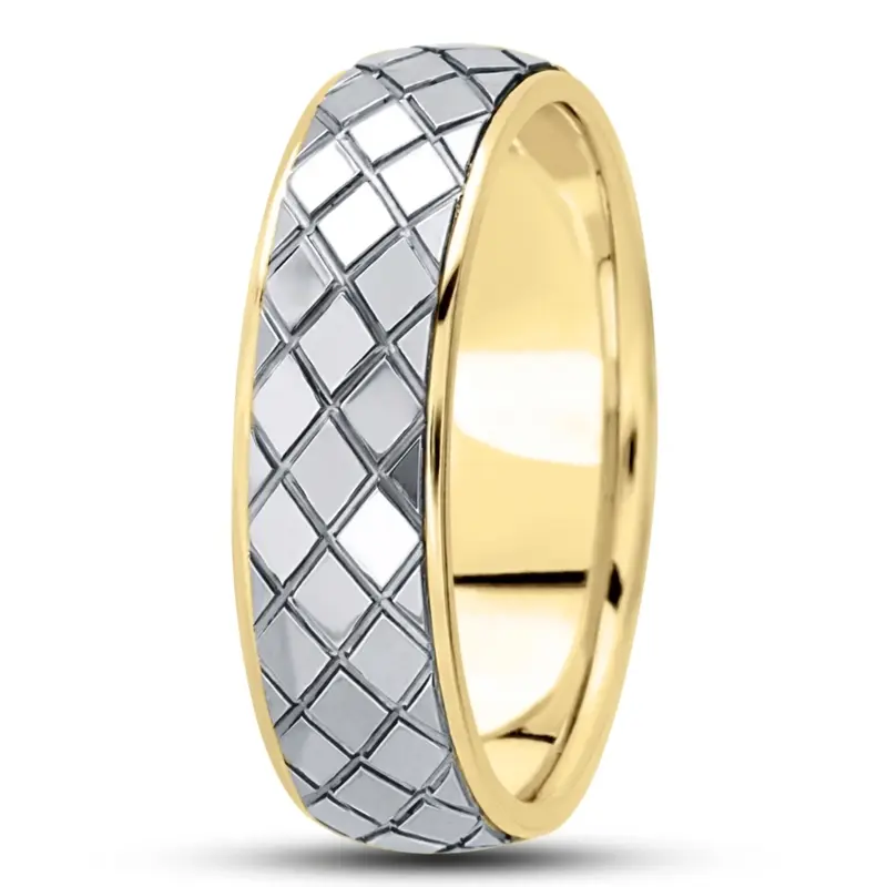 10K yellow-white-yellow gold 7mm. high polish fancy-carved-diamond-cut-wedding-ring - alternate view 4