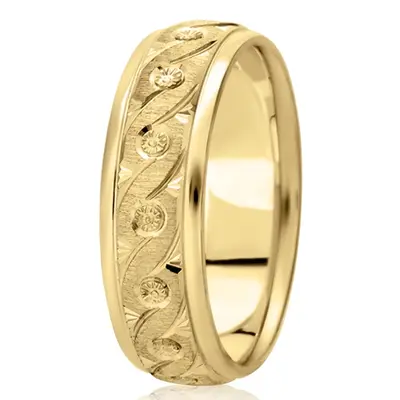 10K yellow gold 7mm. cross satin fancy-diamond-cut-wedding-band - main view thumbnail