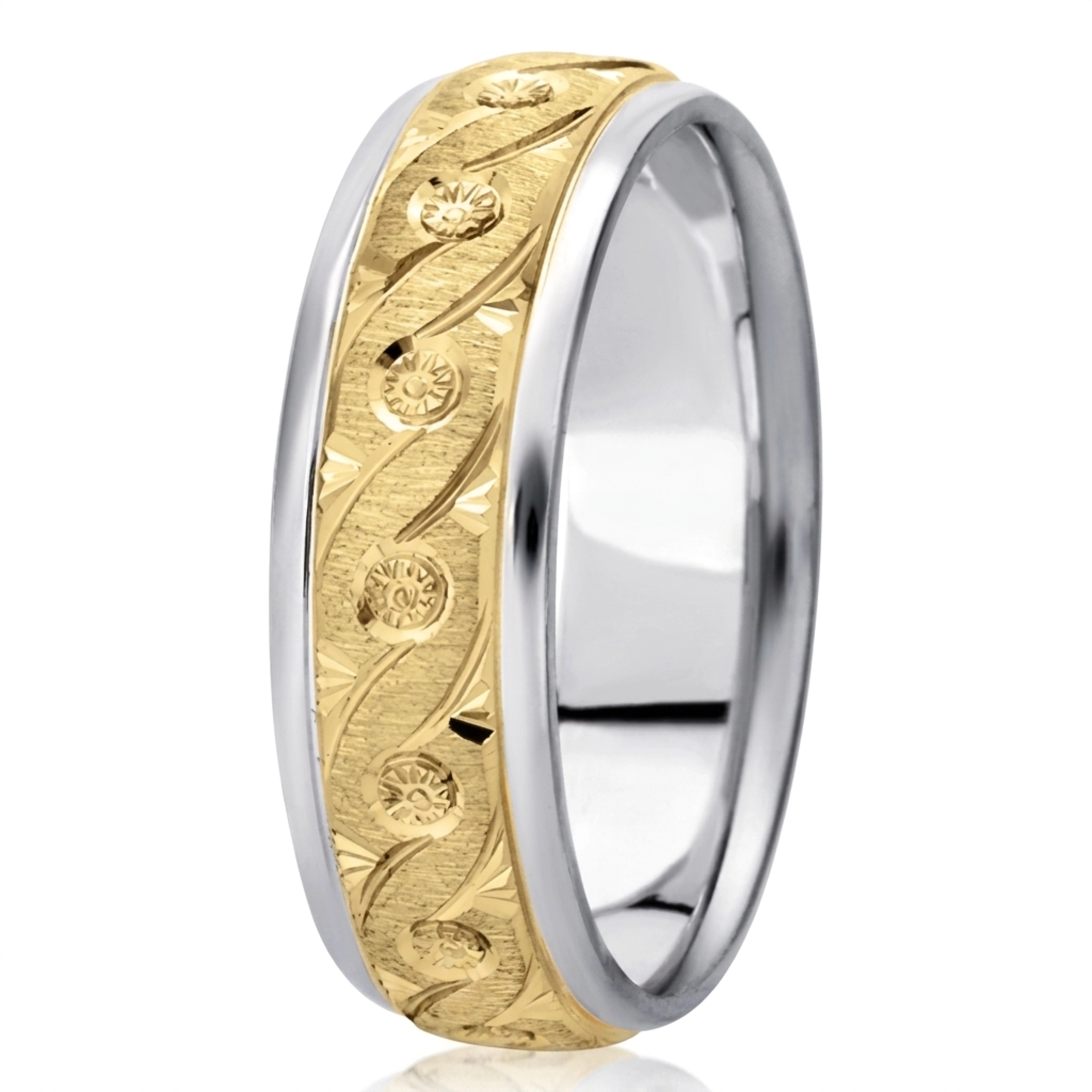 10K white-yellow-white gold 7mm. cross satin fancy-diamond-cut-wedding-band - alternate view 3