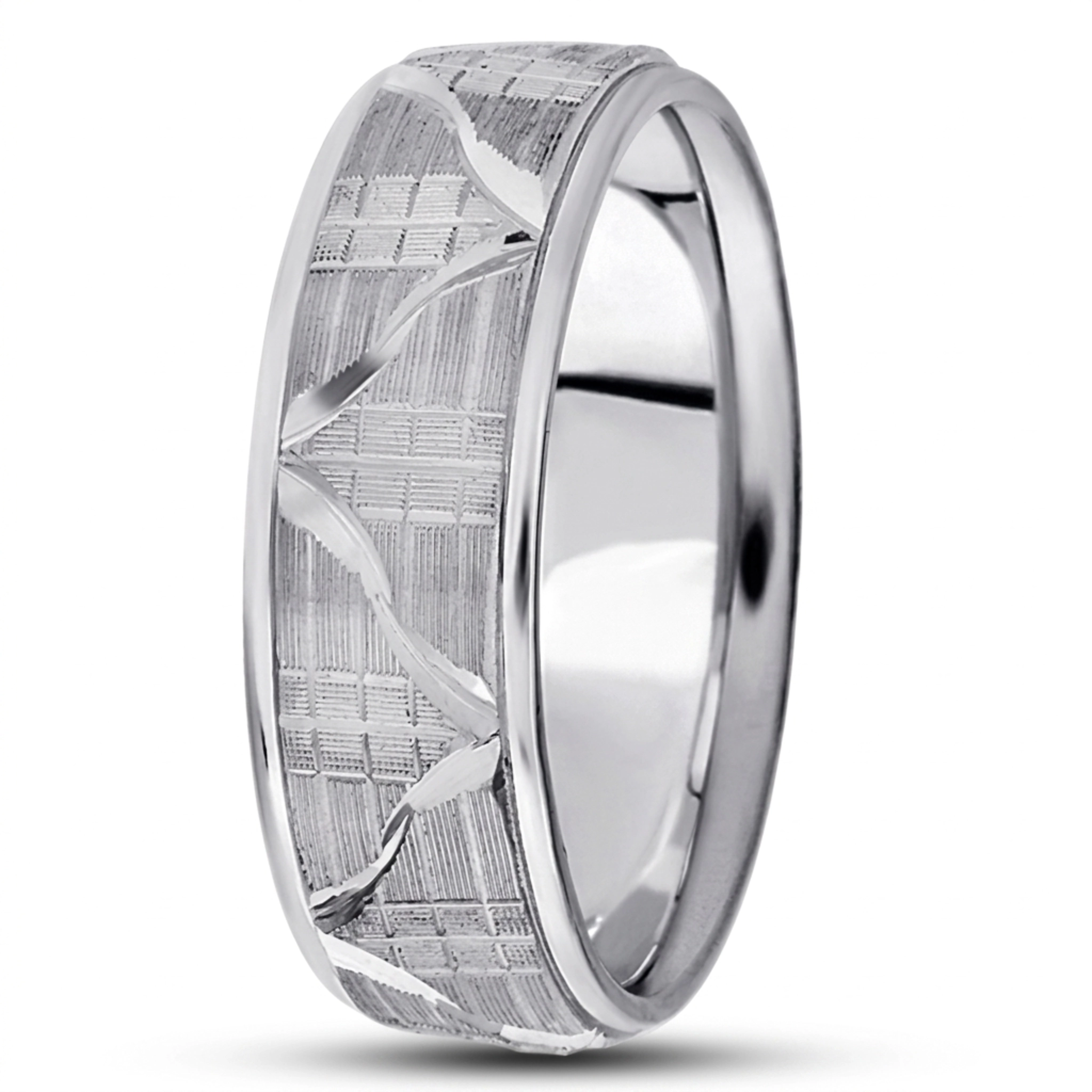 10K white gold 7mm. same as picture Fancy-carved-diamond-cut-wedding-ring - main view