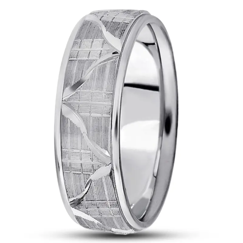 14K white gold 7mm. same as picture Fancy-carved-diamond-cut-wedding-ring - main view