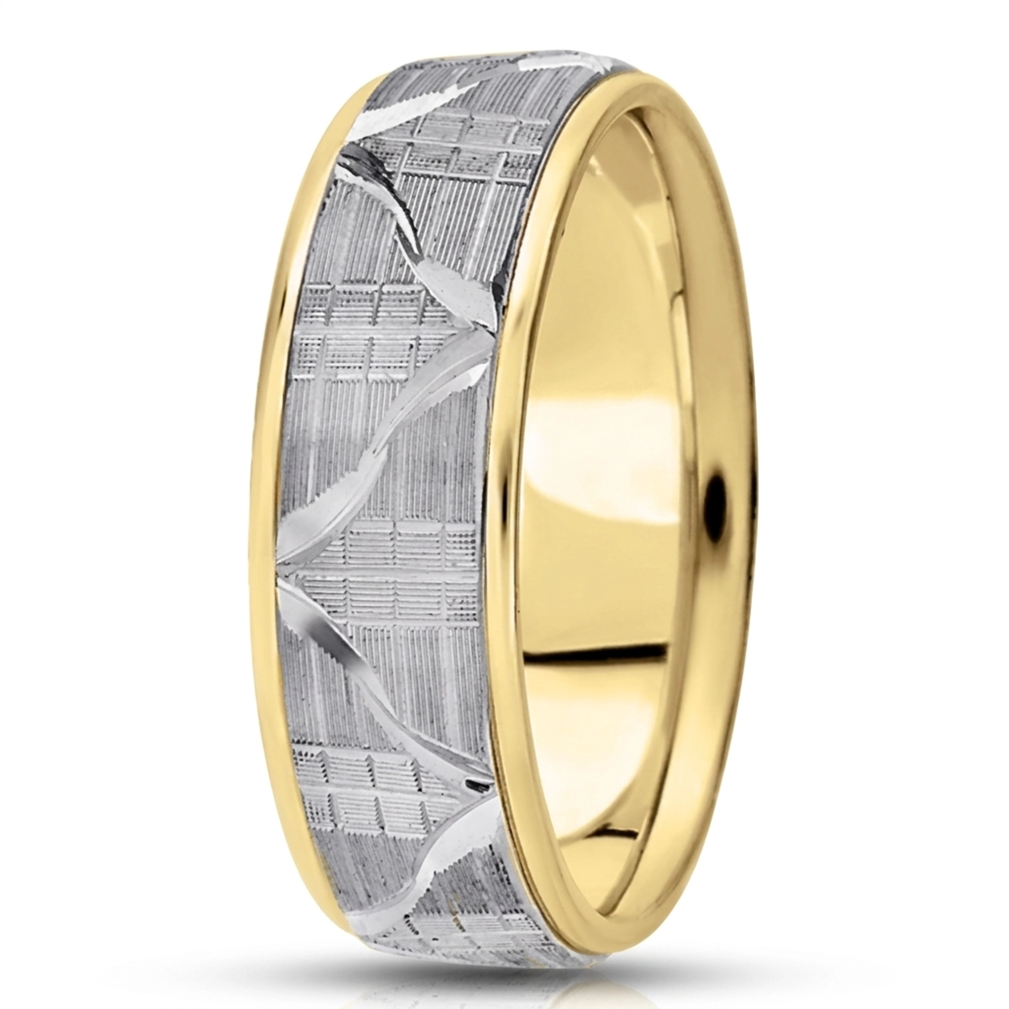10K yellow-white-yellow gold 7mm. same as picture Fancy-carved-diamond-cut-wedding-ring - alternate view 3