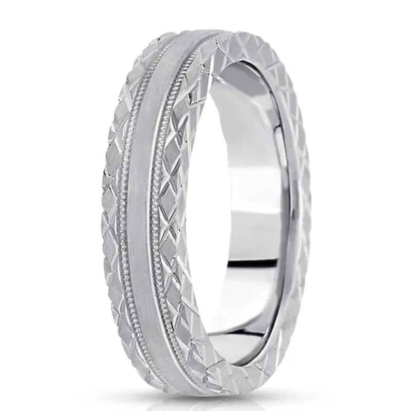 10K white gold 4.5mm. satin hand-engraved-fancy-carved-wedding-band - alternate view 3