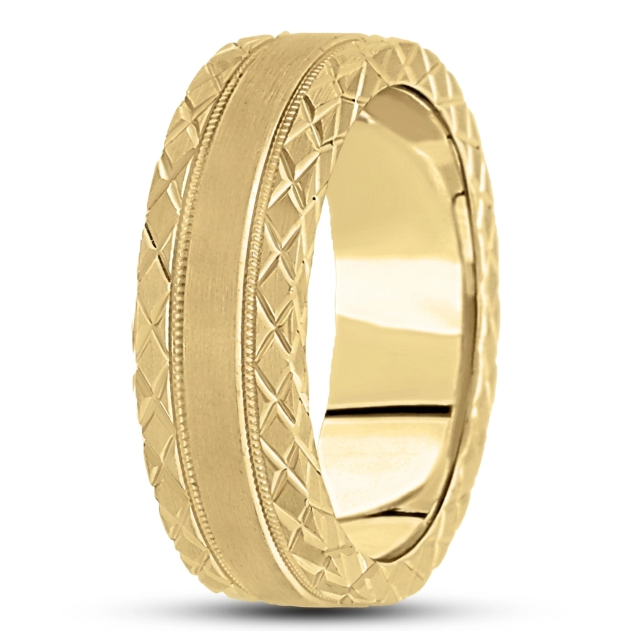 10K yellow gold 7mm. satin hand-engraved-fancy-carved-wedding-band - main view