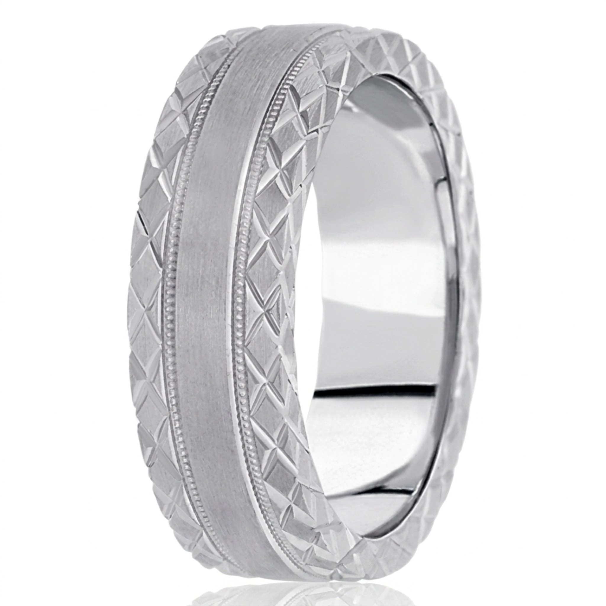 10K white gold 7mm. satin hand-engraved-fancy-carved-wedding-band - alternate view 4