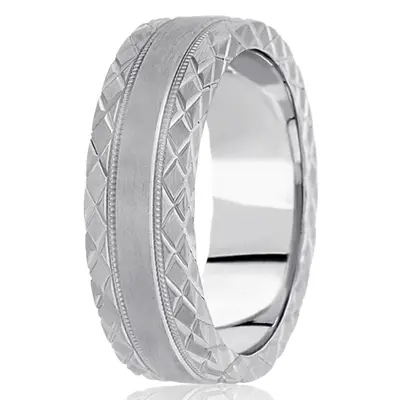 10K white gold 7mm. satin hand-engraved-fancy-carved-wedding-band - alternate view 4 thumbnail