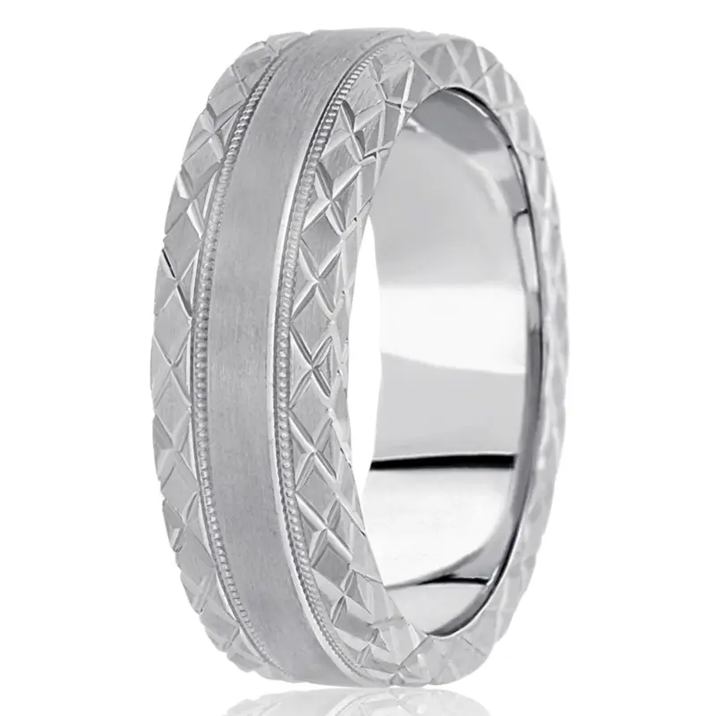 10K white gold 7mm. satin hand-engraved-fancy-carved-wedding-band - alternate view 4