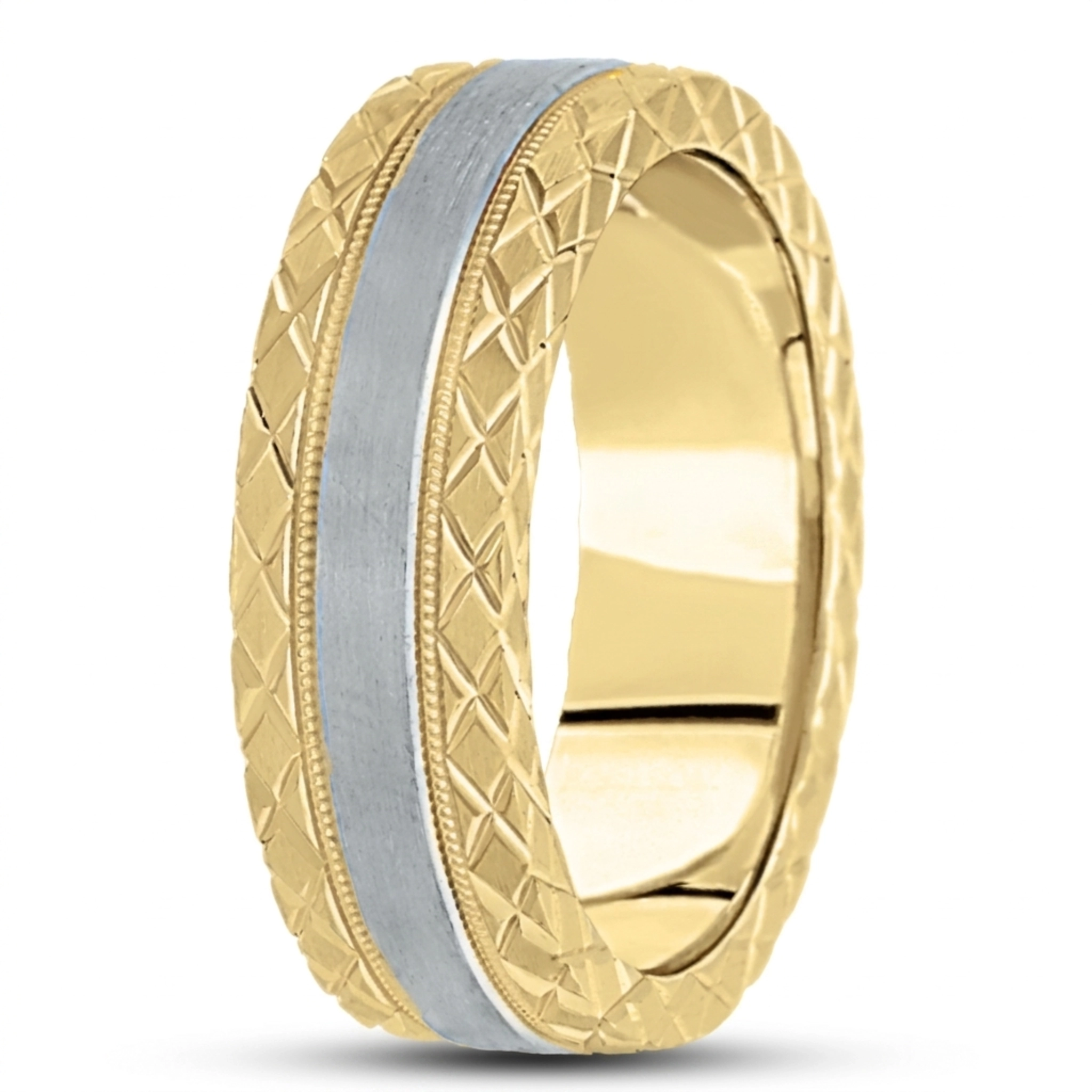 10K yellow-white-yellow gold 7mm. satin hand-engraved-fancy-carved-wedding-band - alternate view 5