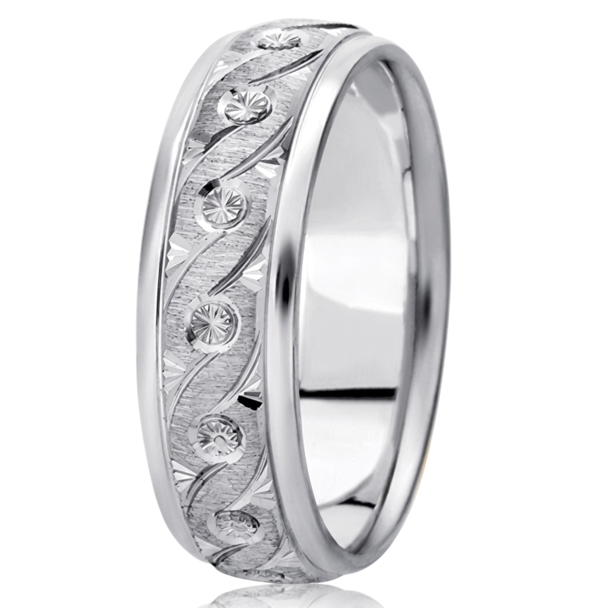 10K white gold 7mm. cross satin fancy-diamond-cut-wedding-band - alternate view 4