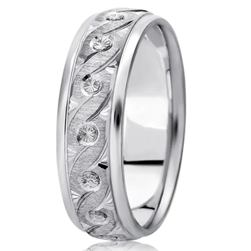 14K white gold 7mm. cross satin fancy-diamond-cut-wedding-band - alternate view 4
