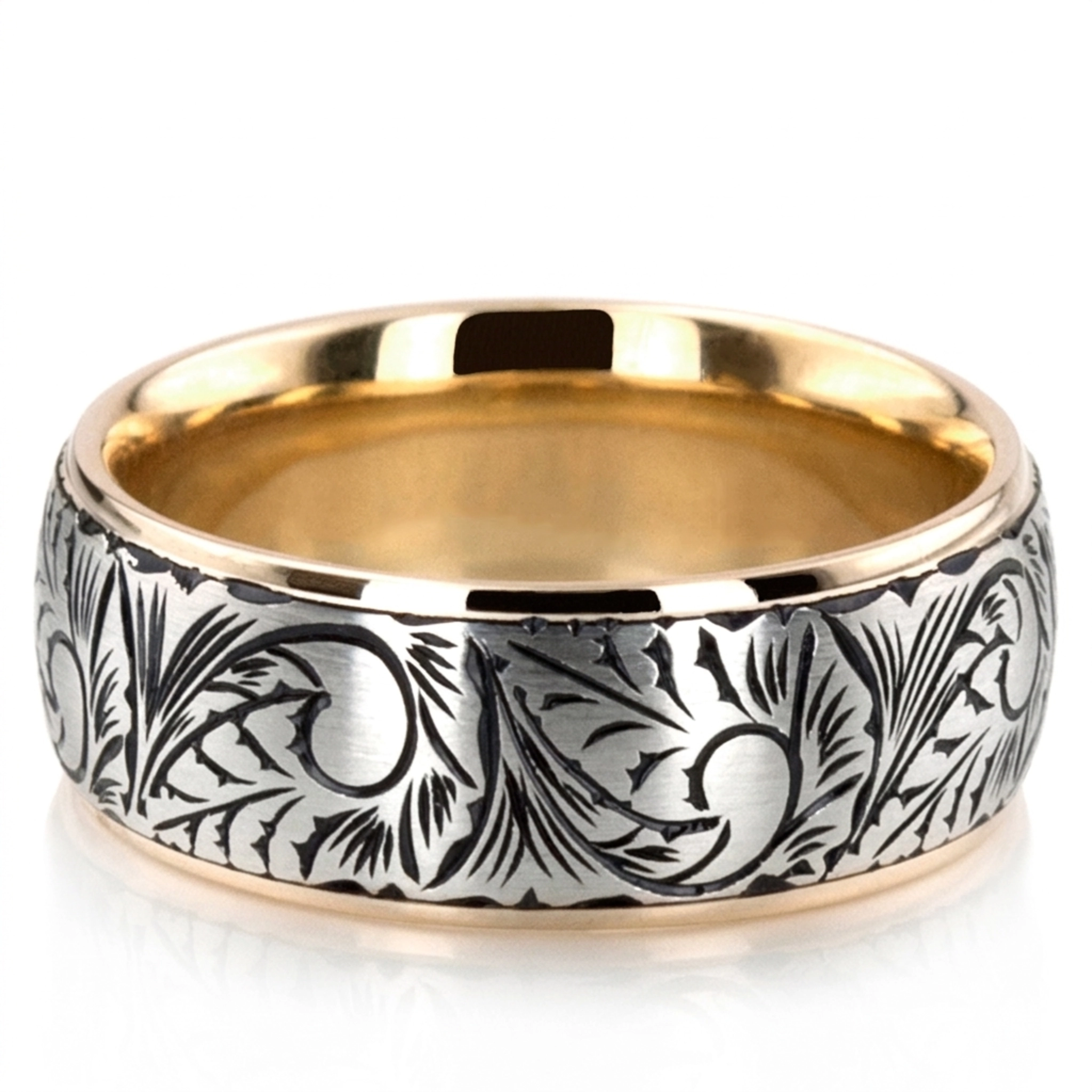 10K yellow-white-yellow gold 7mm. satin Floral-Hand-Engraved-Wedding-Ring - main view