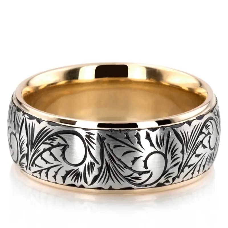 10K yellow-white-yellow gold 7mm. satin Floral-Hand-Engraved-Wedding-Ring - main view