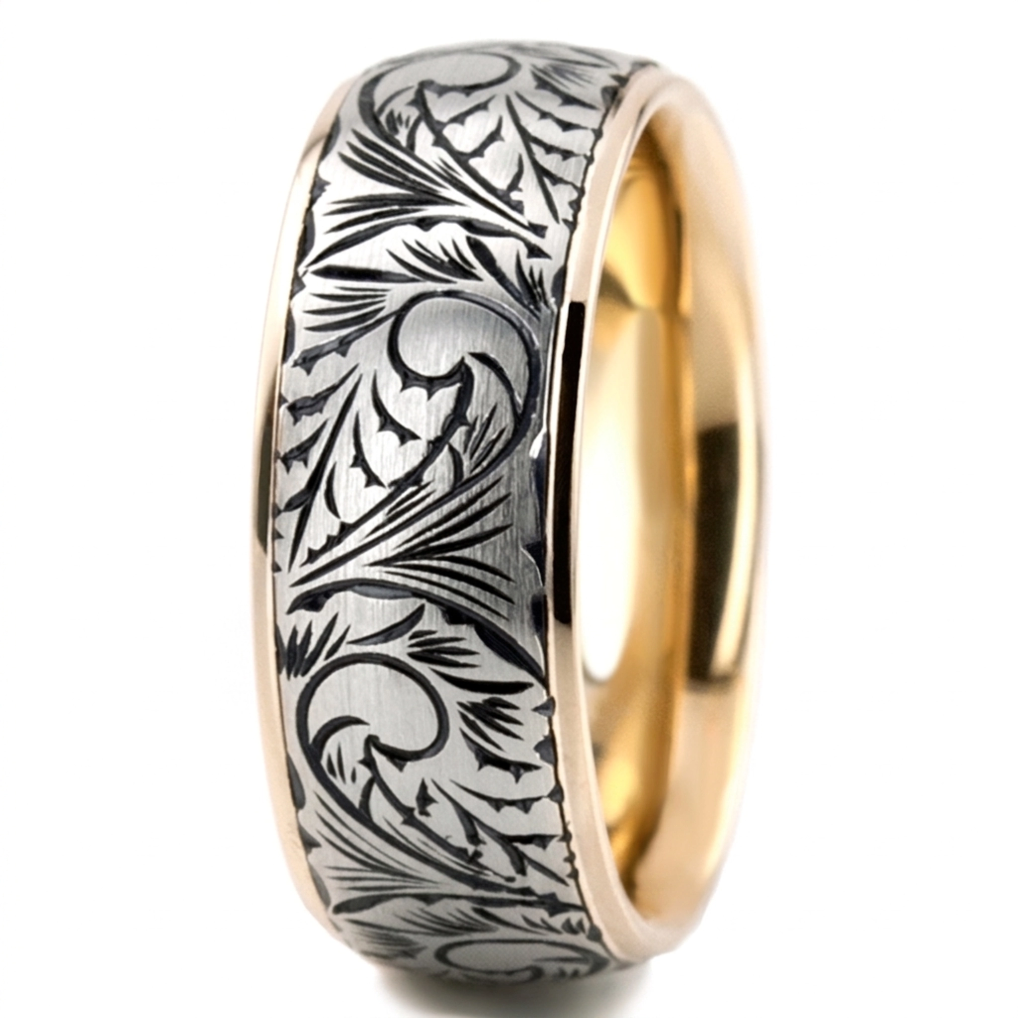 10K yellow-white-yellow gold 7mm. satin Floral-Hand-Engraved-Wedding-Ring - alternate view 5