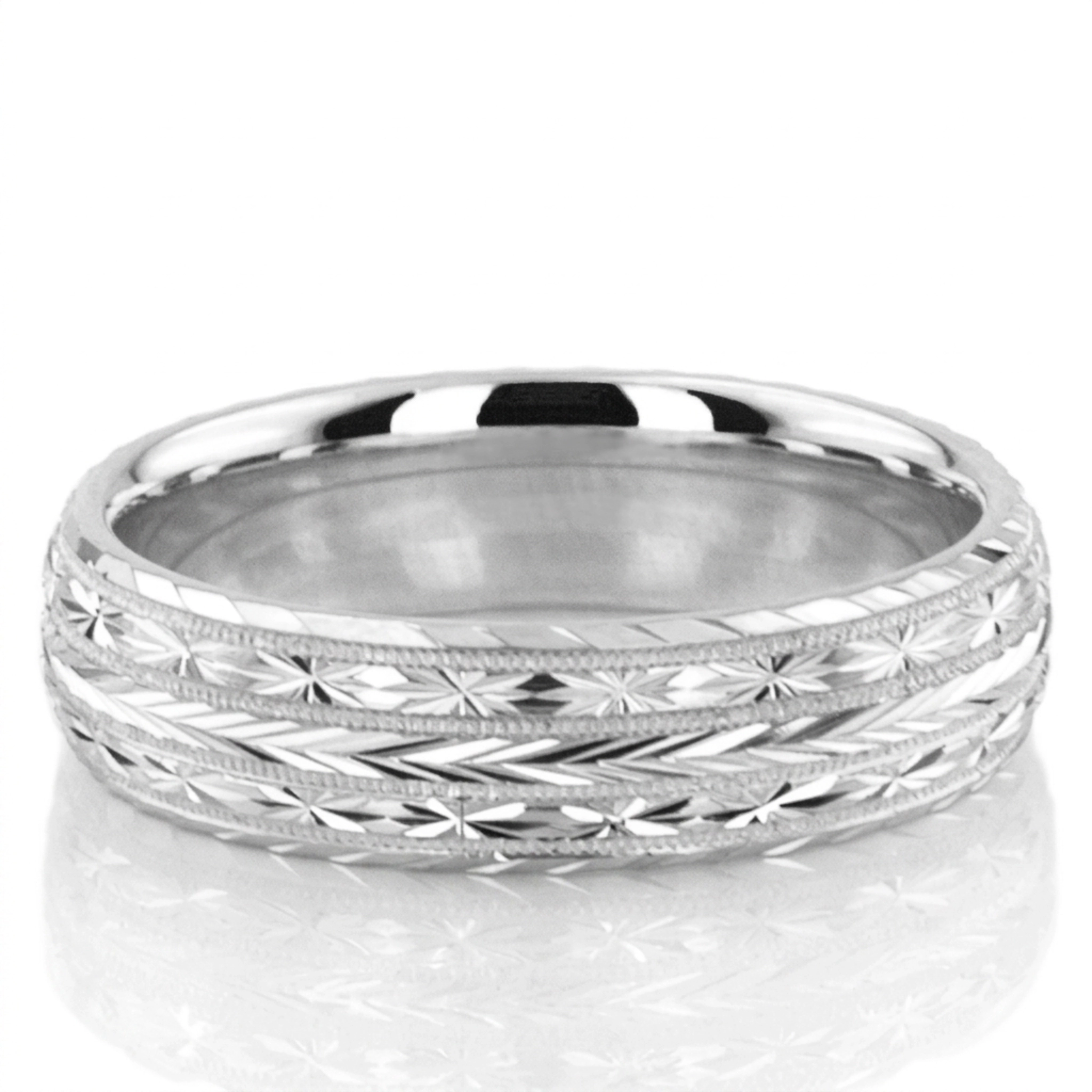 10K white gold 7mm. high polish fancy-carved-hand-engraved-wedding-band - alternate view 2