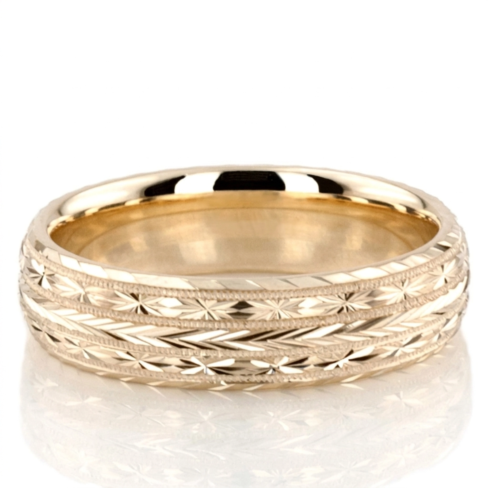 10K yellow gold 7mm. high polish fancy-carved-hand-engraved-wedding-band - main view