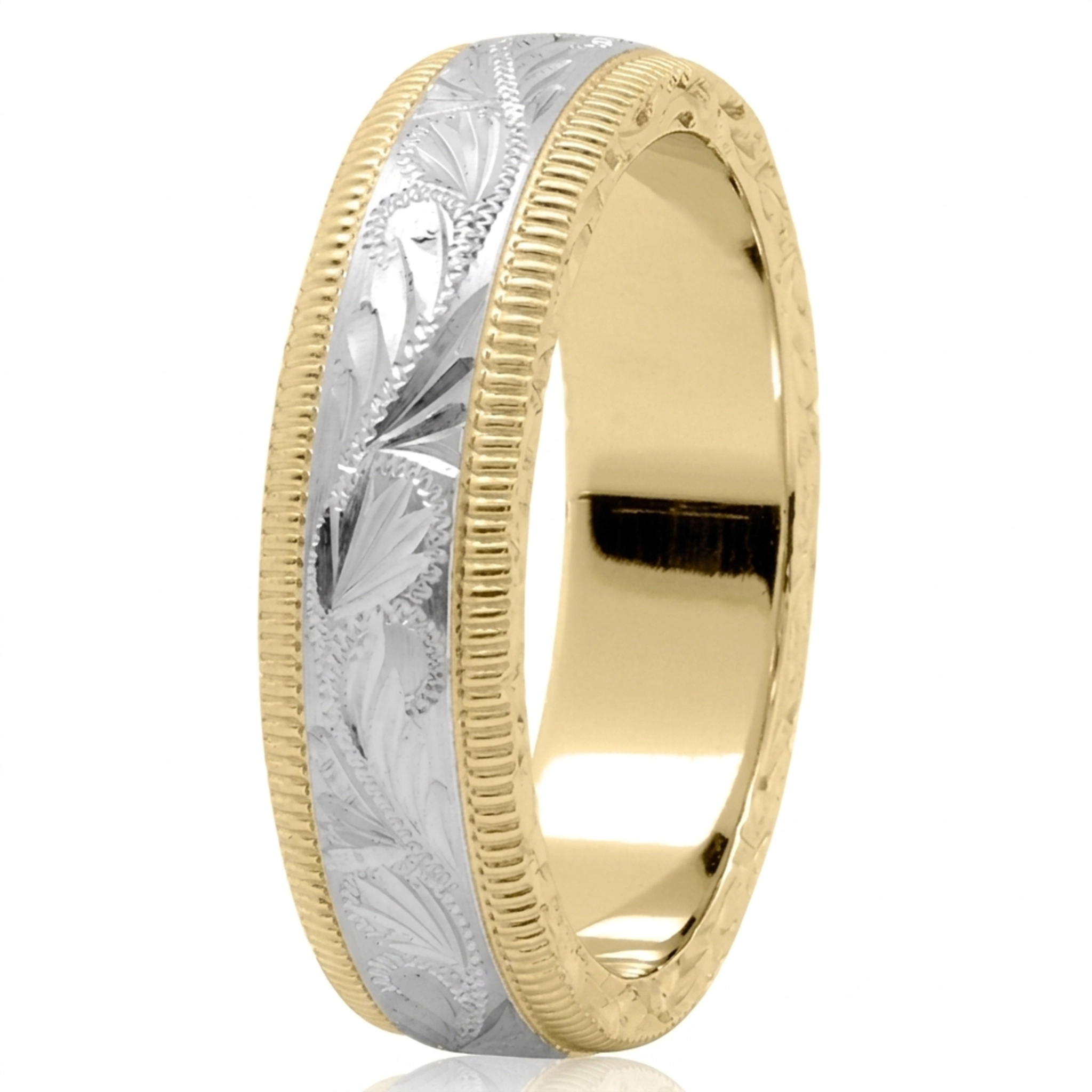 10K yellow-white-yellow gold 6mm. satin fancy-hand-engraved-wedding-band - main view