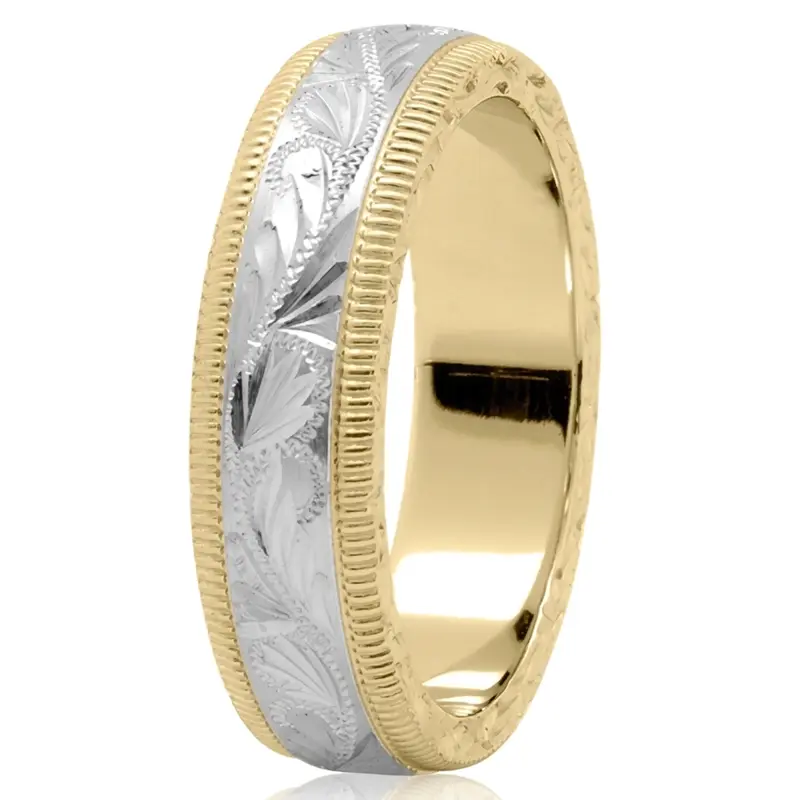 10K yellow-white-yellow gold 6mm. satin fancy-hand-engraved-wedding-band - main view