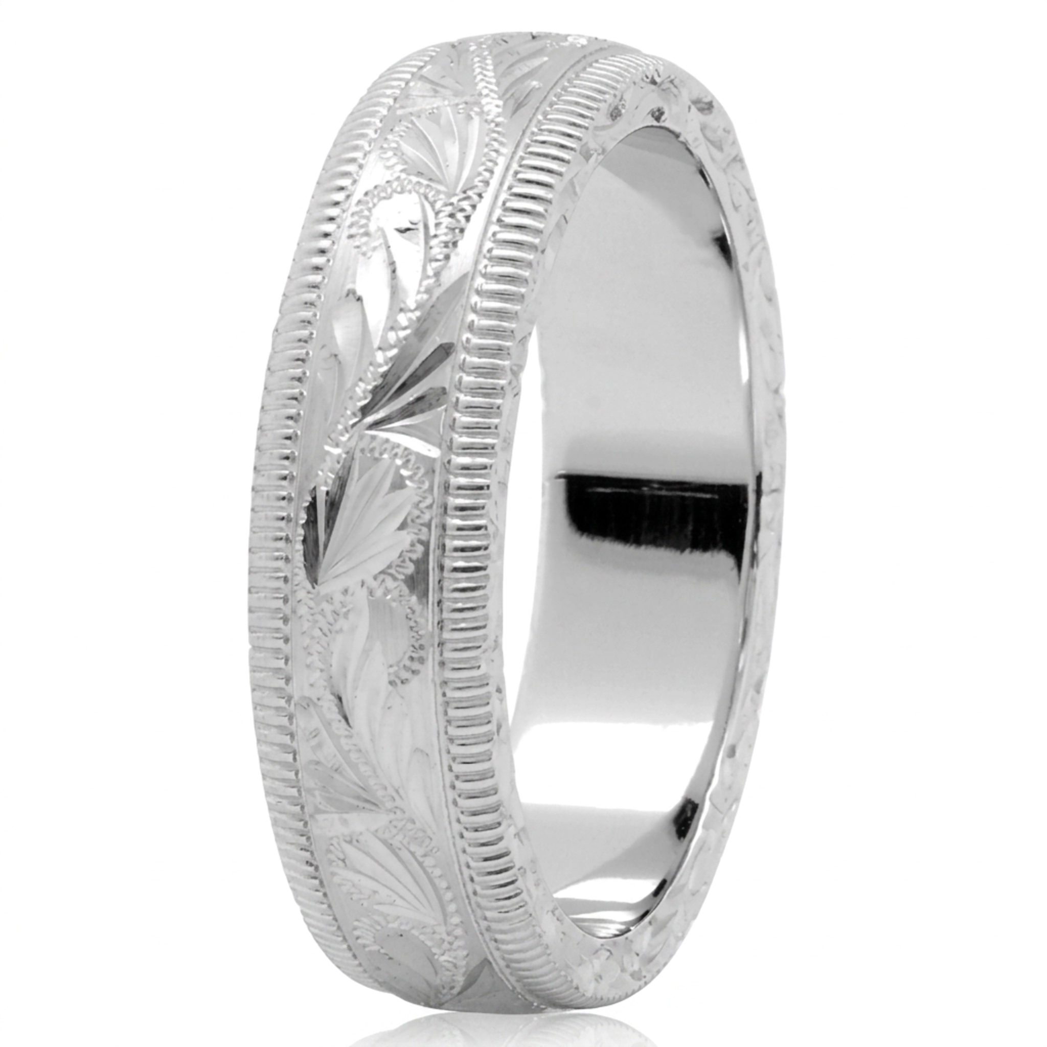 10K white gold 6mm. satin fancy-hand-engraved-wedding-band - alternate view 2