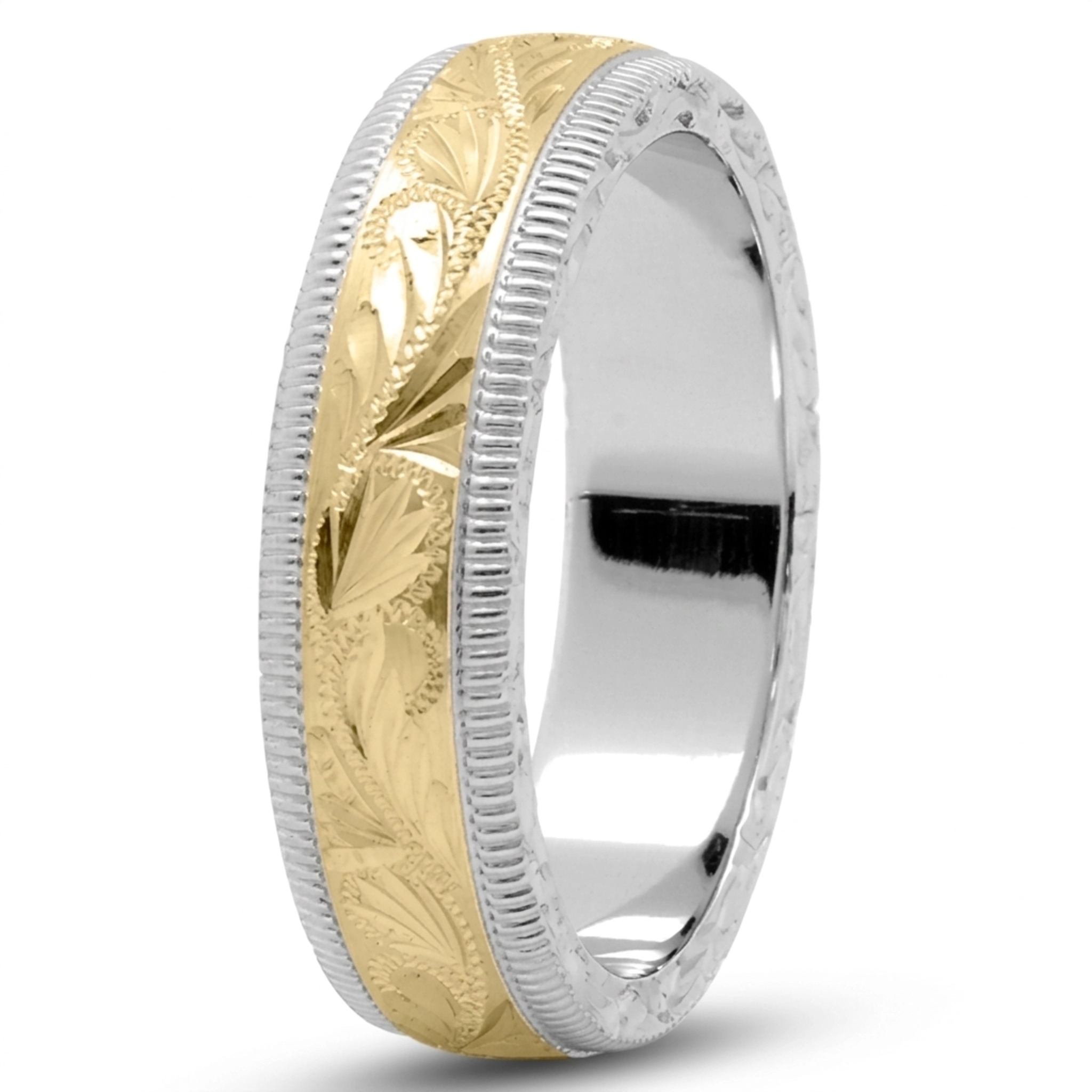 10K white-yellow-white gold 6mm. satin fancy-hand-engraved-wedding-band - alternate view 4