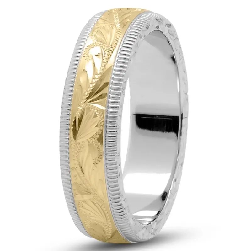 10K white-yellow-white gold 6mm. satin fancy-hand-engraved-wedding-band - alternate view 4