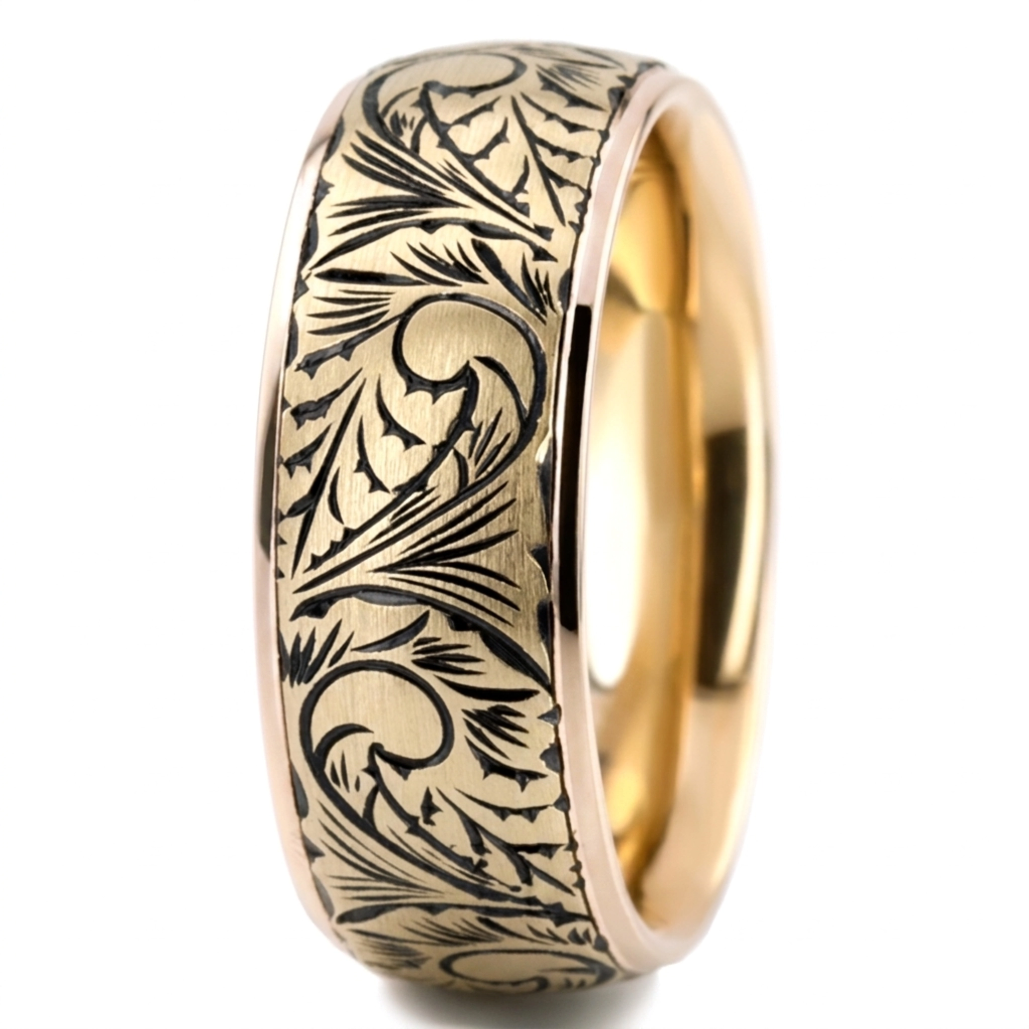 10K yellow gold 7mm. satin Floral-Hand-Engraved-Wedding-Ring - alternate view 6