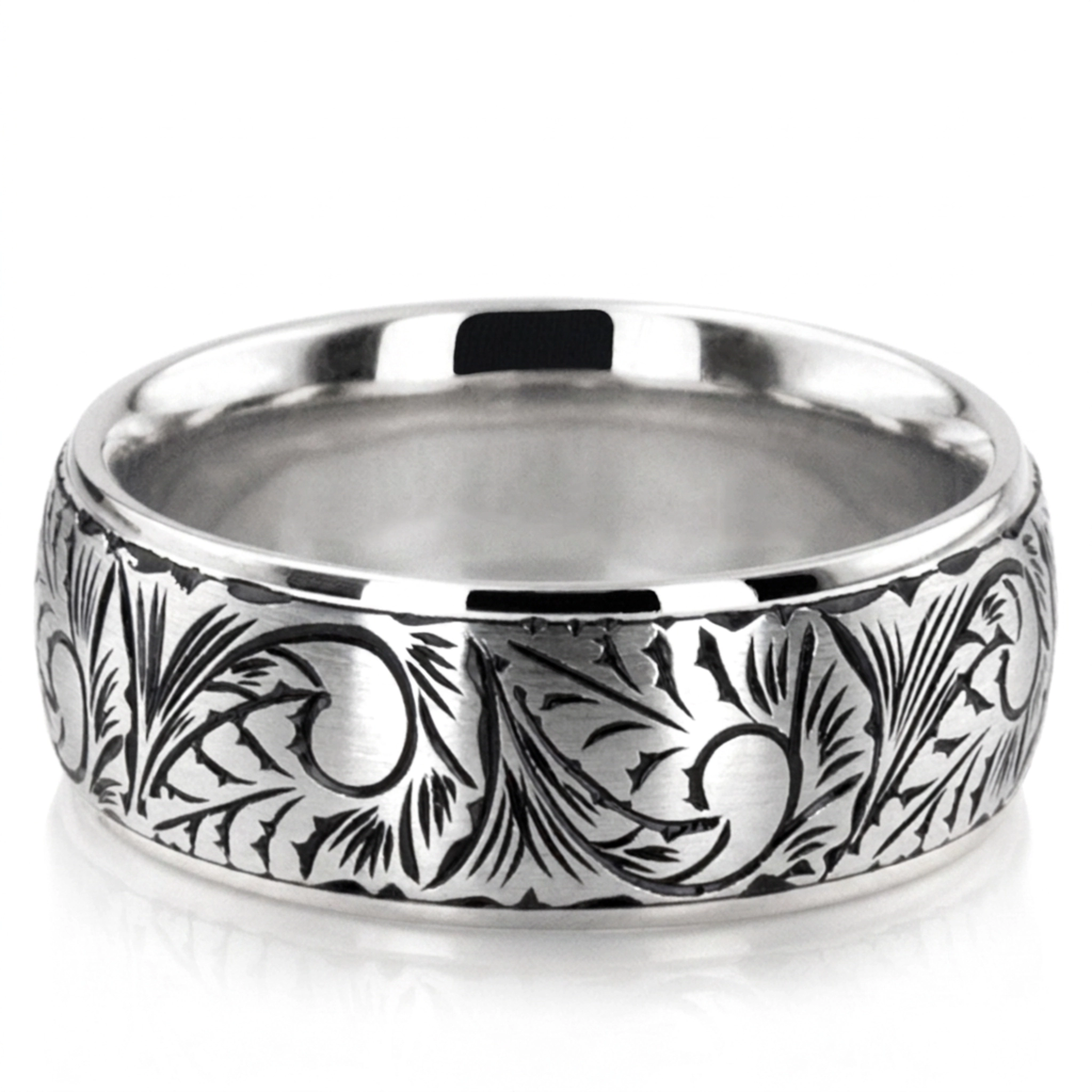 10K white gold 7mm. satin Floral-Hand-Engraved-Wedding-Ring - alternate view 2