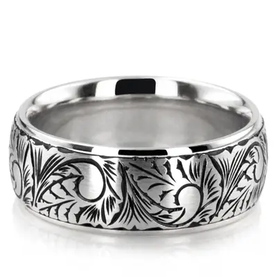 10K white gold 7mm. satin Floral-Hand-Engraved-Wedding-Ring - alternate view 2 thumbnail