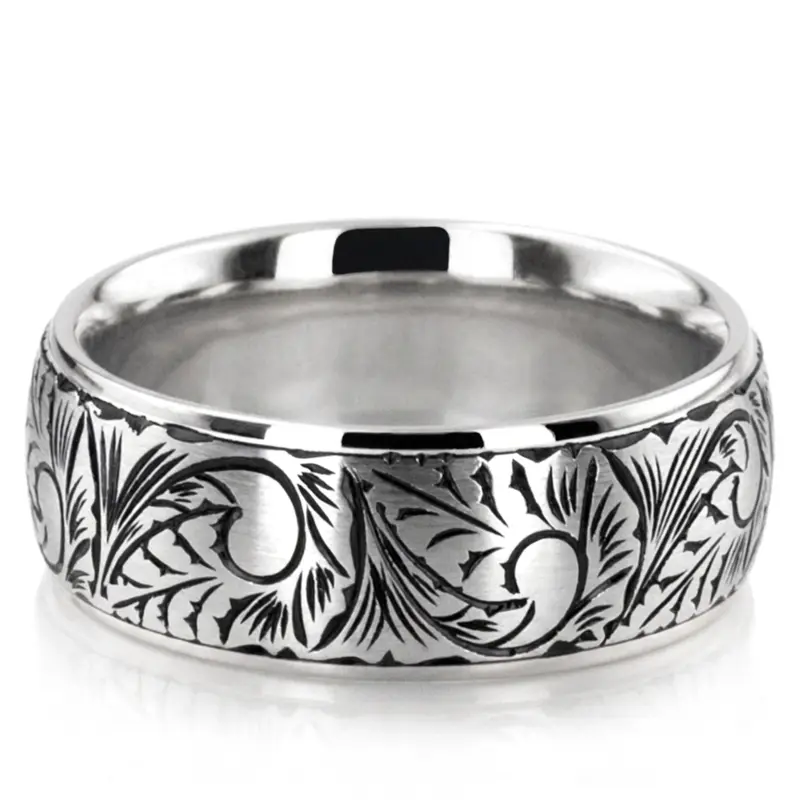 10K white gold 7mm. satin Floral-Hand-Engraved-Wedding-Ring - alternate view 2