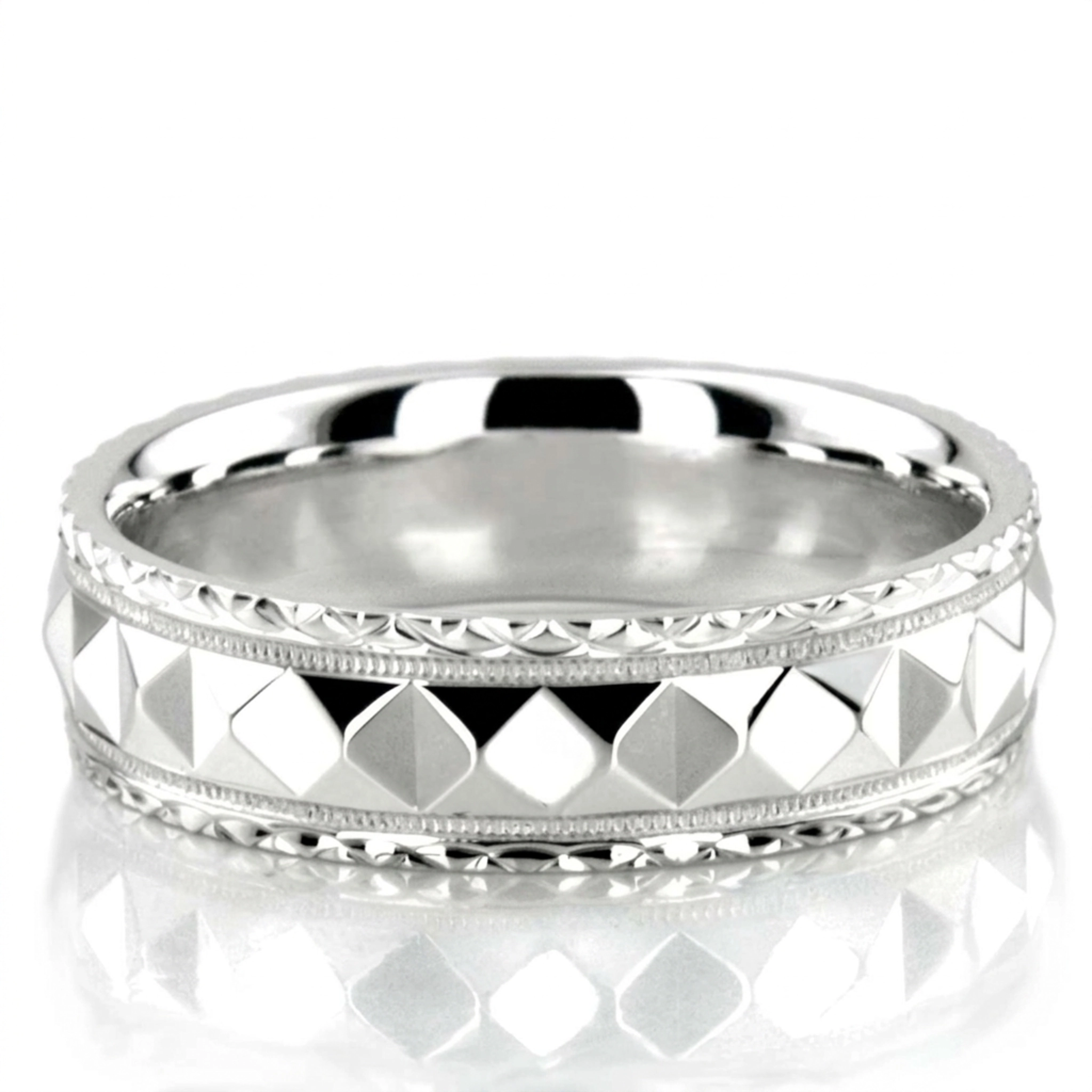 10K white gold 5mm. high polish fancy-carved-diamond-cut-wedding-band - main view