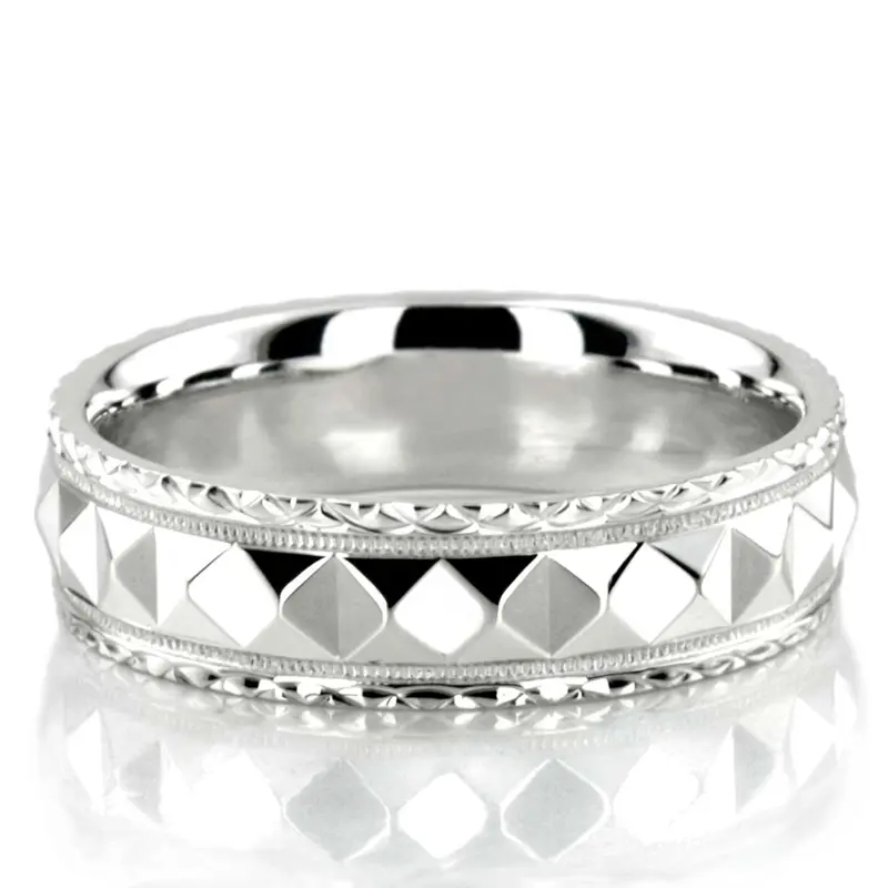 10K white gold 5mm. high polish fancy-carved-diamond-cut-wedding-band - main view