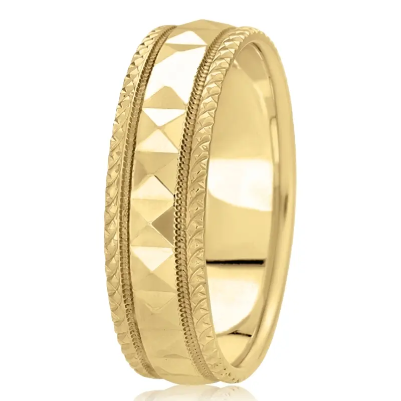 10K yellow gold 7mm. high polish fancy-carved-diamond-cut-wedding-band - alternate view 3