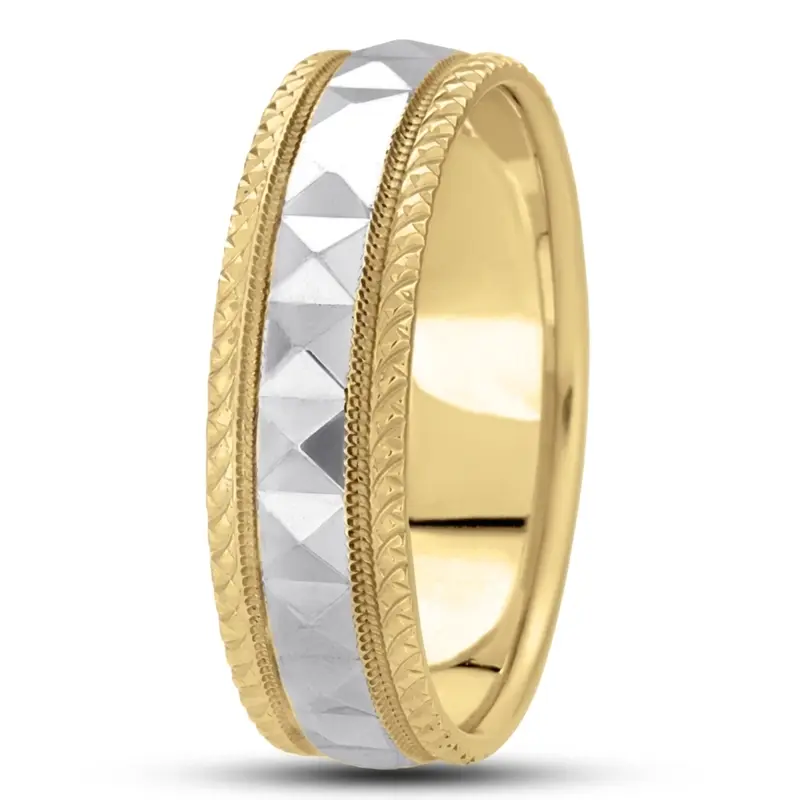 10K yellow-white-yellow gold 7mm. high polish fancy-carved-diamond-cut-wedding-band - alternate view 5