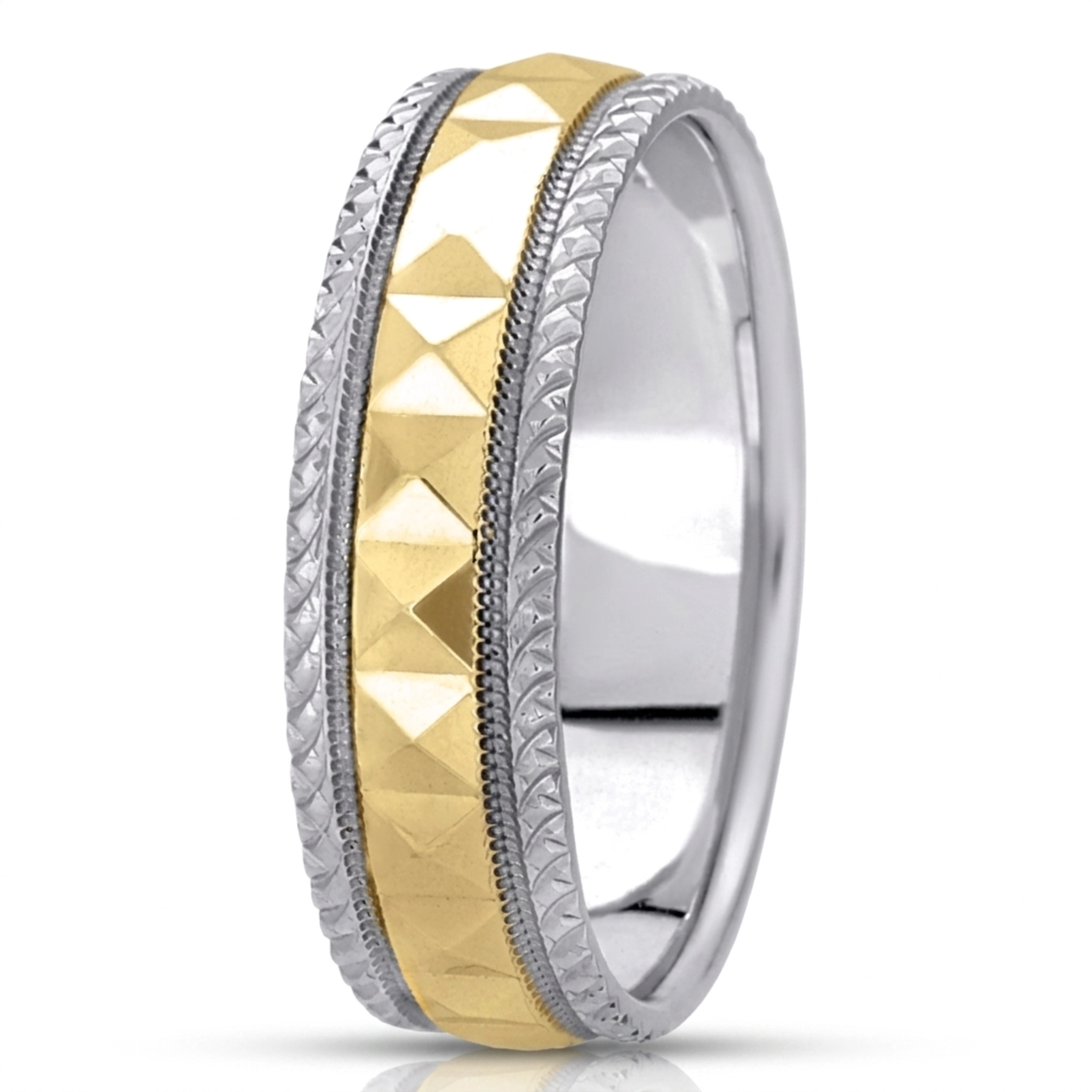10K white-yellow-white gold 7mm. high polish fancy-carved-diamond-cut-wedding-band - alternate view 6
