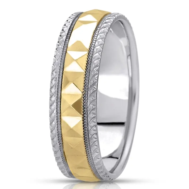 10K white-yellow-white gold 7mm. high polish fancy-carved-diamond-cut-wedding-band - alternate view 6