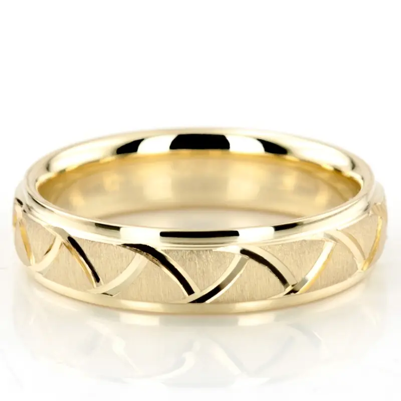 10K yellow gold 5mm. cross satin fancy-carved-diamond-cut-wedding-band - main view
