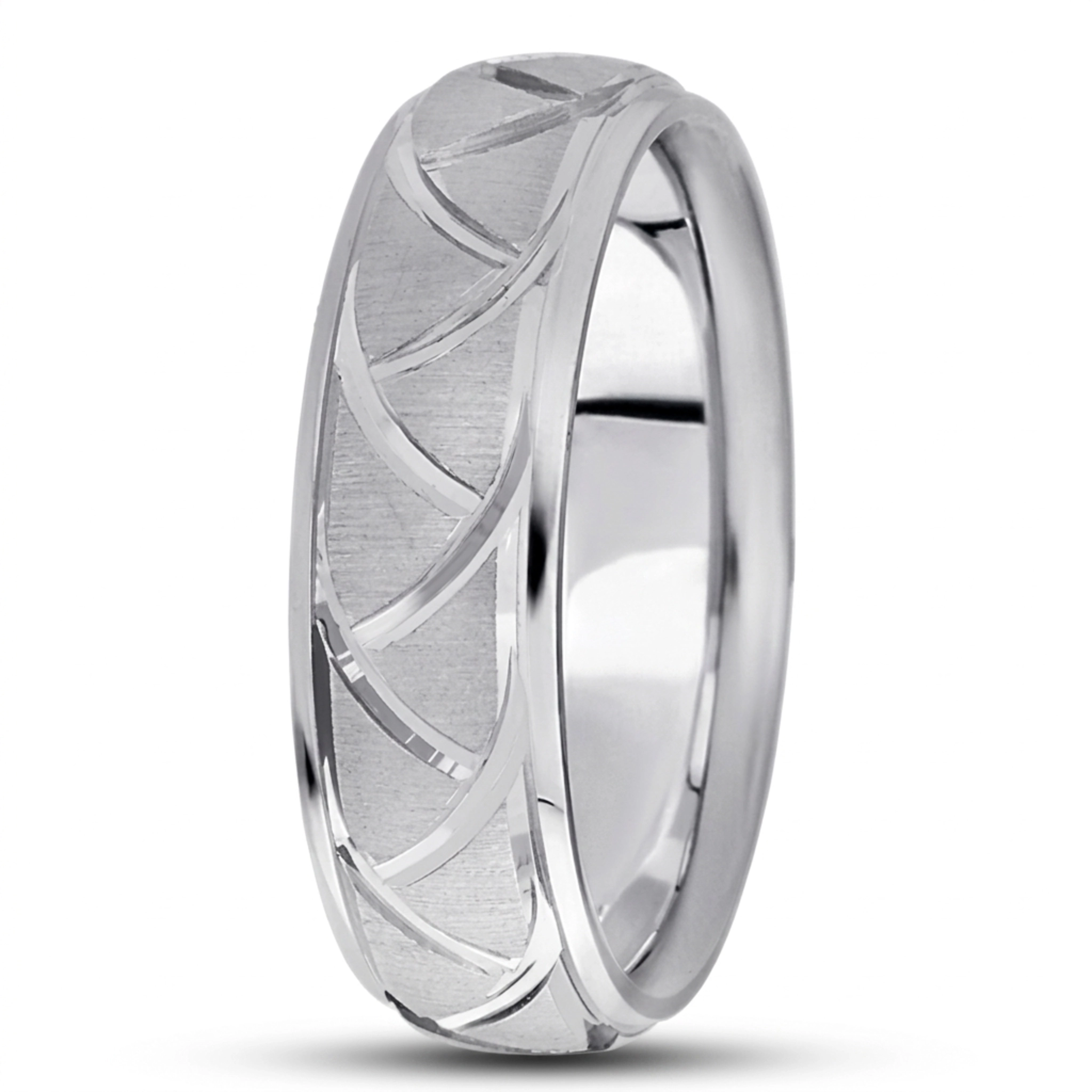 10K white gold 7mm. cross satin fancy-carved-diamond-cut-wedding-band - alternate view 3