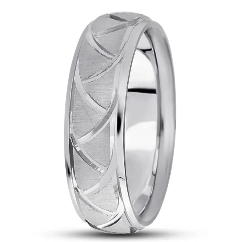 10K white gold 7mm. cross satin fancy-carved-diamond-cut-wedding-band - alternate view 3