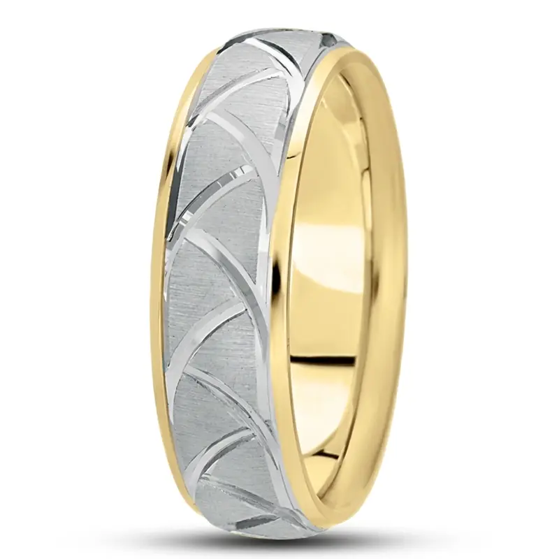 10K yellow-white-yellow gold 7mm. cross satin fancy-carved-diamond-cut-wedding-band - alternate view 4