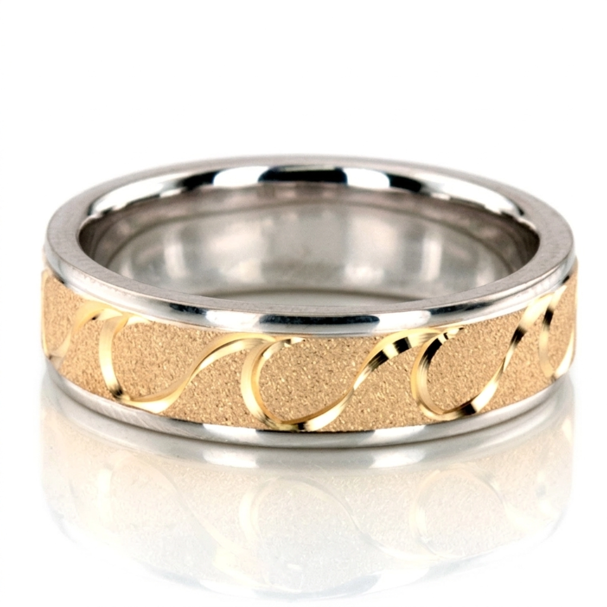 10K white-yellow-white gold 6mm. wire matte fancy-carved-diamond-cut-wedding-ring - main view